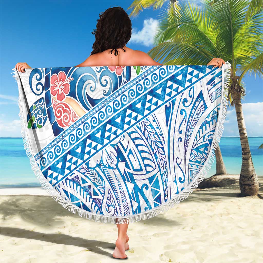 Hawaiian Abstract Sea Turtle Beach Blanket Polynesian Tapa Art and Kakau Tattoo White WaterColor - Polynesian Pride