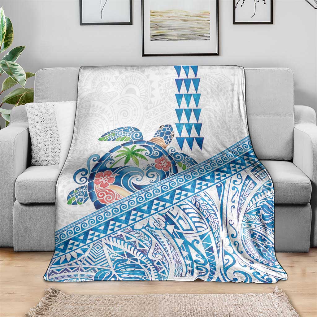 Hawaiian Abstract Sea Turtle Blanket Polynesian Tapa Art and Kakau Tattoo White WaterColor - Polynesian Pride