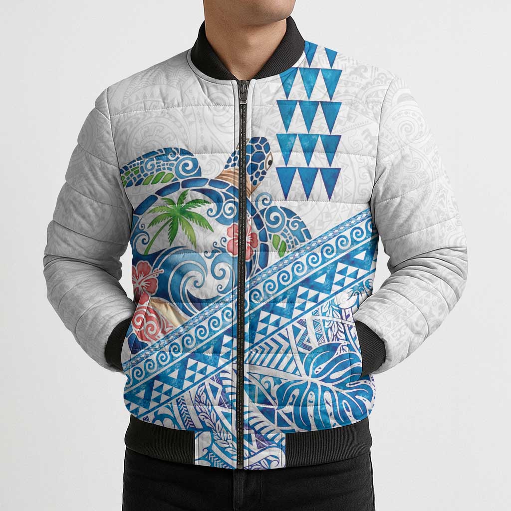 Hawaiian Abstract Sea Turtle Bomber Puffer Jacket Polynesian Tapa Art and Kakau Tattoo White WaterColor - Polynesian Pride