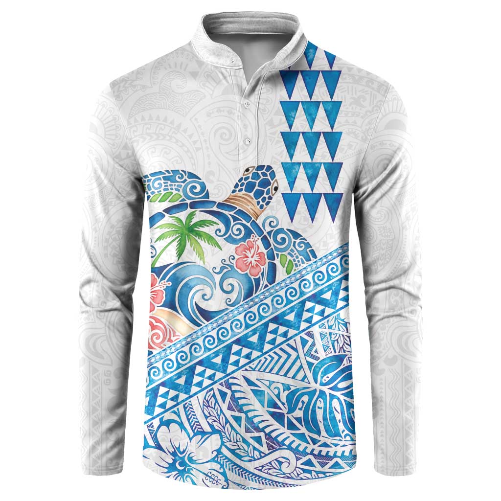 Hawaiian Abstract Sea Turtle Button Sweatshirt Polynesian Tapa Art and Kakau Tattoo White WaterColor - Polynesian Pride