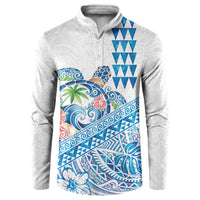 Hawaiian Abstract Sea Turtle Button Sweatshirt Polynesian Tapa Art and Kakau Tattoo White WaterColor - Polynesian Pride
