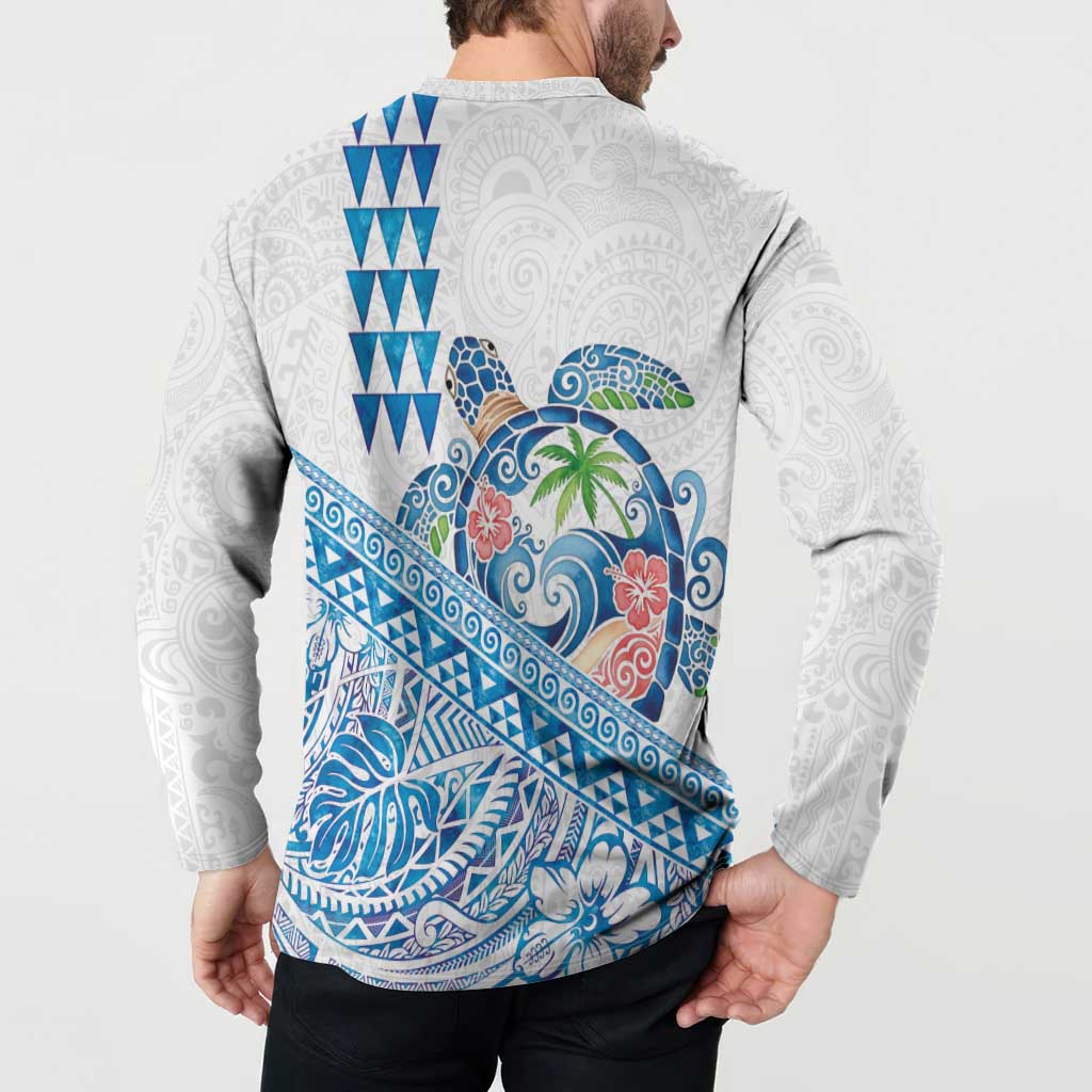 Hawaiian Abstract Sea Turtle Button Sweatshirt Polynesian Tapa Art and Kakau Tattoo White WaterColor - Polynesian Pride
