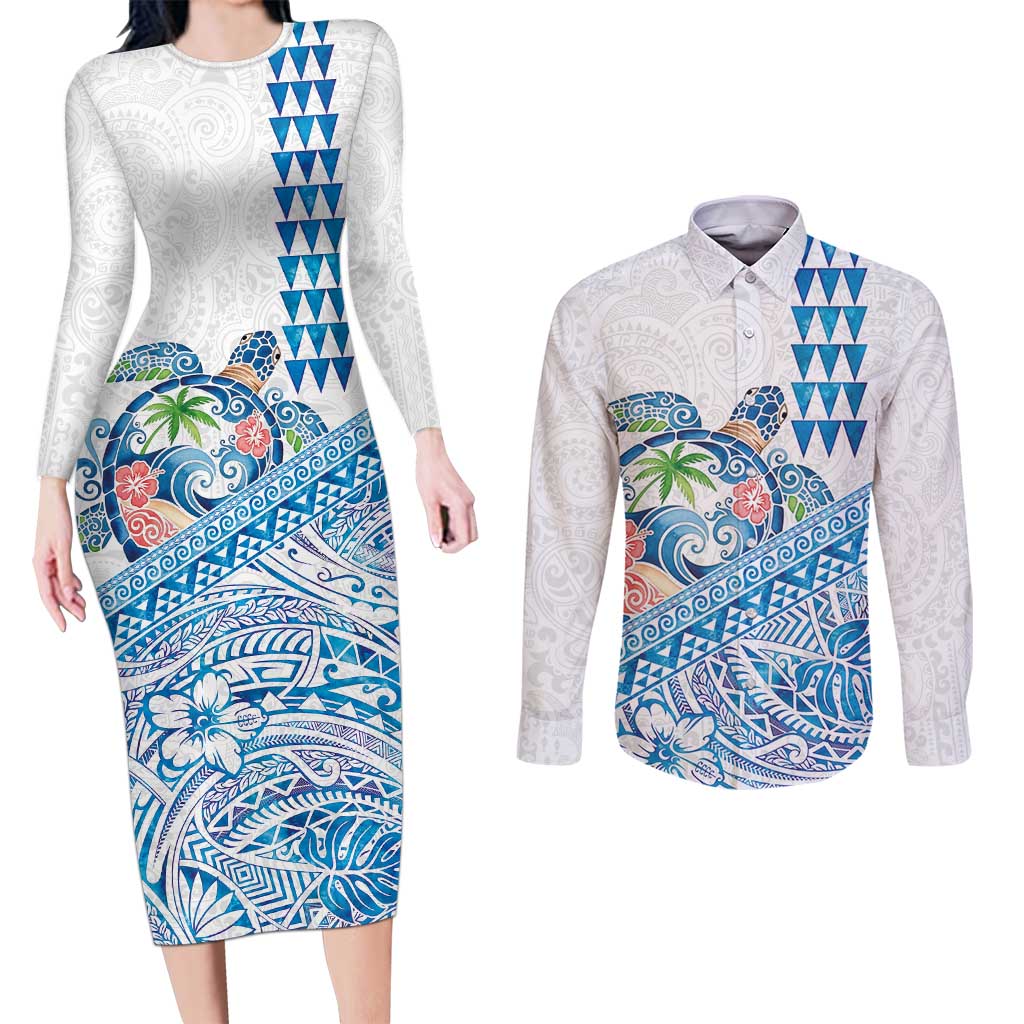 Hawaiian Abstract Sea Turtle Couples Matching Long Sleeve Bodycon Dress and Long Sleeve Button Shirt Polynesian Tapa Art and Kakau Tattoo White WaterColor - Polynesian Pride