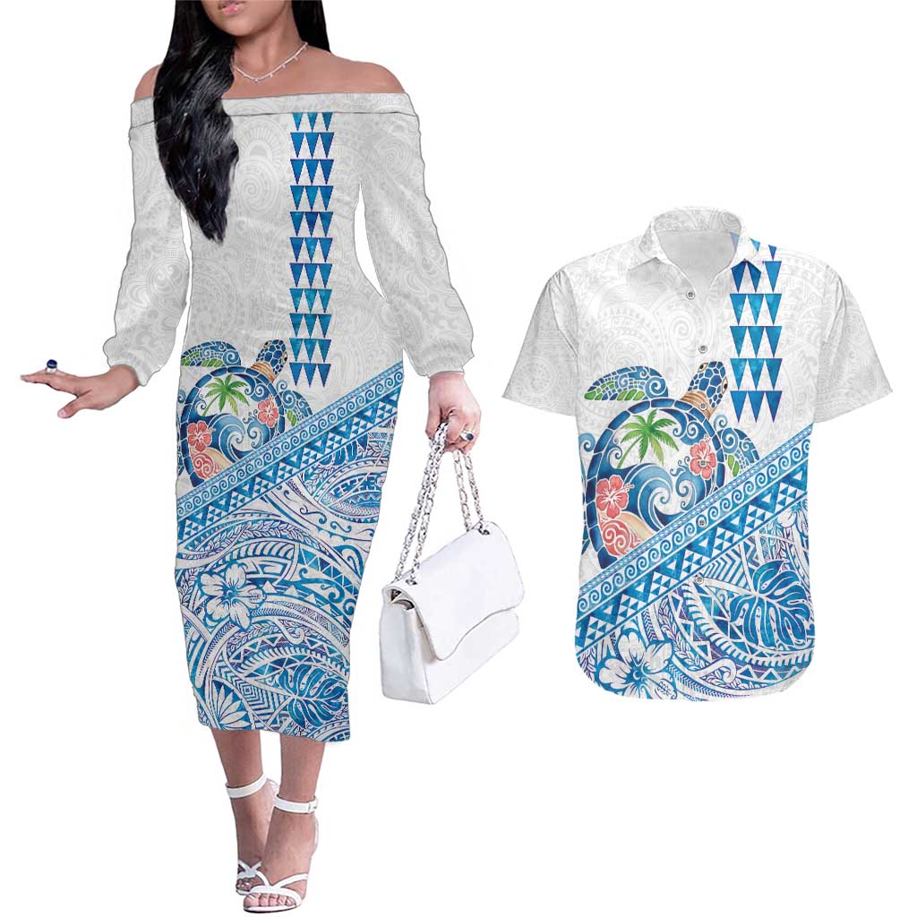 Hawaiian Abstract Sea Turtle Couples Matching Off The Shoulder Long Sleeve Dress and Hawaiian Shirt Polynesian Tapa Art and Kakau Tattoo White WaterColor - Polynesian Pride