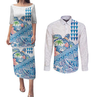 Hawaiian Abstract Sea Turtle Couples Matching Puletasi and Long Sleeve Button Shirt Polynesian Tapa Art and Kakau Tattoo White WaterColor - Polynesian Pride