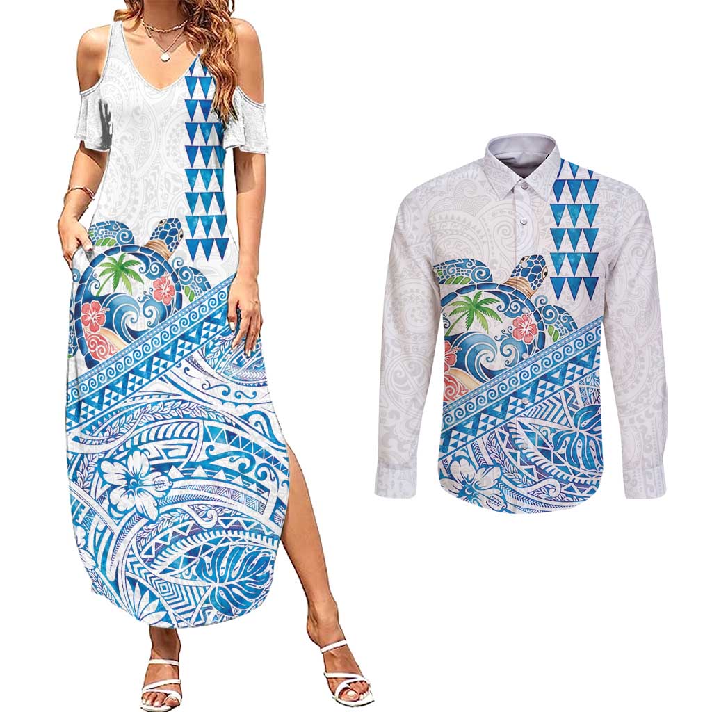 Hawaiian Abstract Sea Turtle Couples Matching Summer Maxi Dress and Long Sleeve Button Shirt Polynesian Tapa Art and Kakau Tattoo White WaterColor - Polynesian Pride