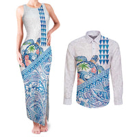 Hawaiian Abstract Sea Turtle Couples Matching Tank Maxi Dress and Long Sleeve Button Shirt Polynesian Tapa Art and Kakau Tattoo White WaterColor - Polynesian Pride