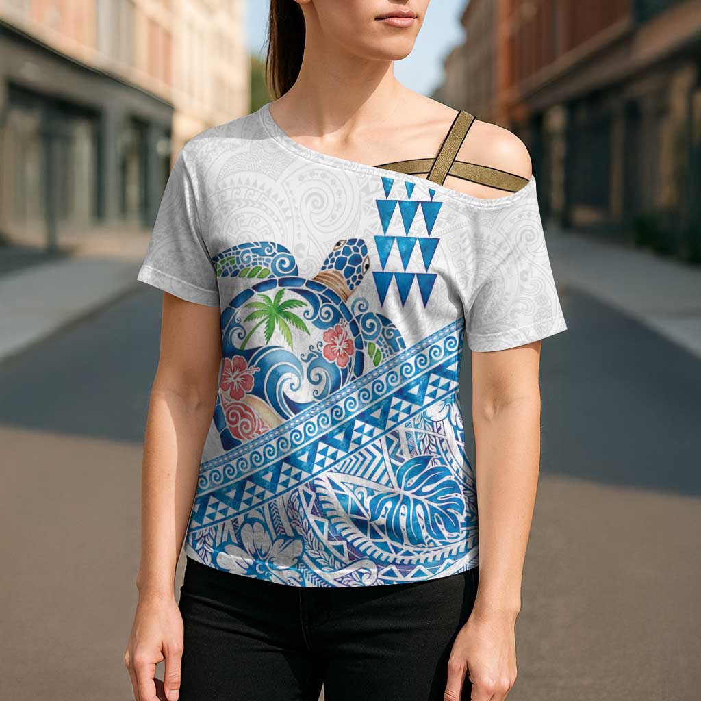 Hawaiian Abstract Sea Turtle Cross Shoulder Shirt Polynesian Tapa Art and Kakau Tattoo White WaterColor - Polynesian Pride