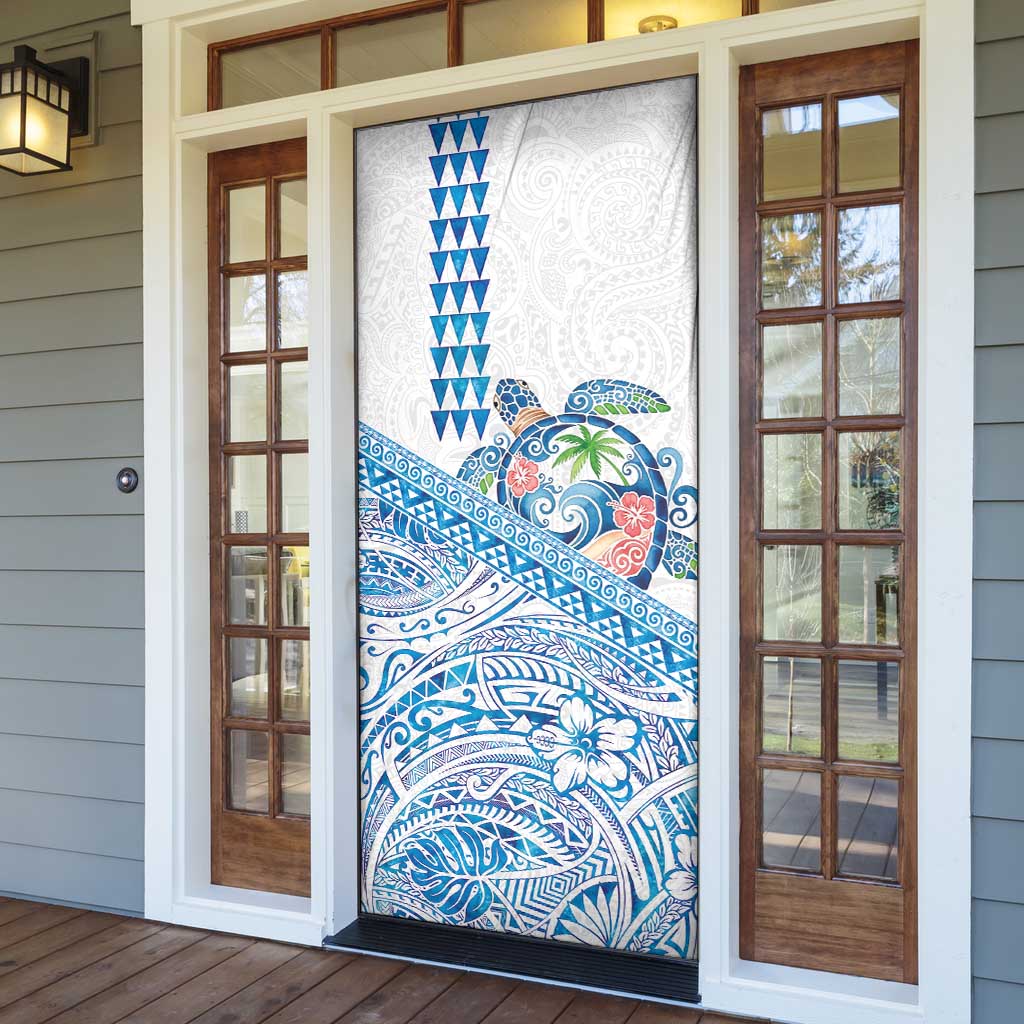 Hawaiian Abstract Sea Turtle Door Cover Polynesian Tapa Art and Kakau Tattoo White WaterColor - Polynesian Pride
