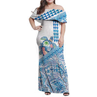 Hawaiian Abstract Sea Turtle Family Matching Off Shoulder Maxi Dress and Hawaiian Shirt Polynesian Tapa Art and Kakau Tattoo White WaterColor - Polynesian Pride