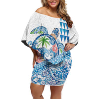 Hawaiian Abstract Sea Turtle Family Matching Off Shoulder Short Dress and Hawaiian Shirt Polynesian Tapa Art and Kakau Tattoo White WaterColor - Polynesian Pride