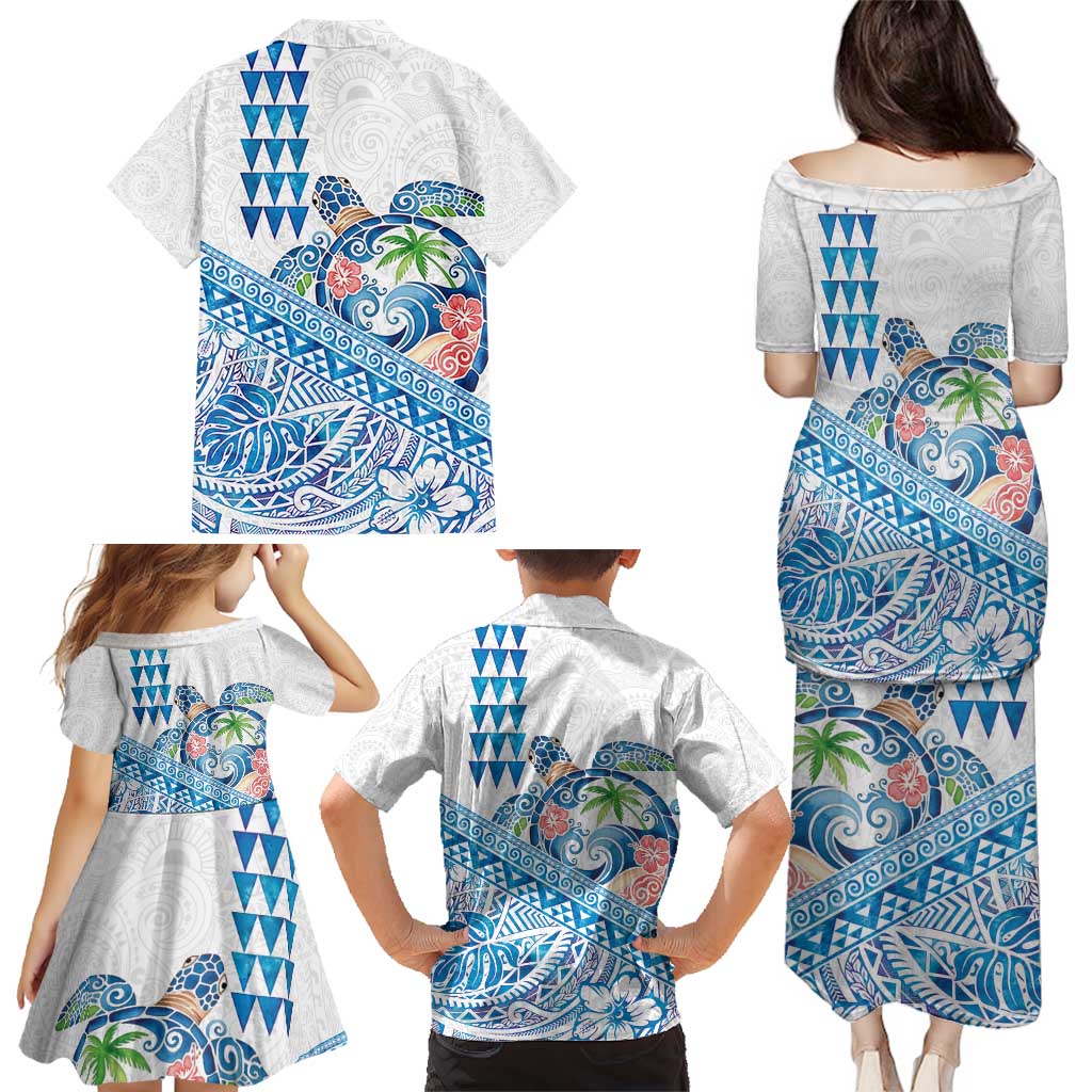 Hawaiian Abstract Sea Turtle Family Matching Puletasi and Hawaiian Shirt Polynesian Tapa Art and Kakau Tattoo White WaterColor - Polynesian Pride