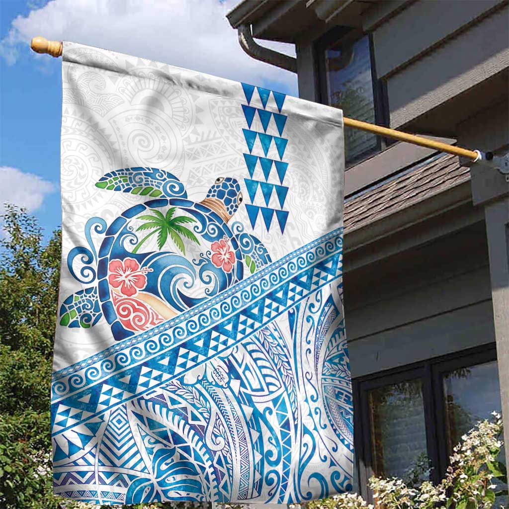 Hawaiian Abstract Sea Turtle Garden Flag Polynesian Tapa Art and Kakau Tattoo White WaterColor - Polynesian Pride