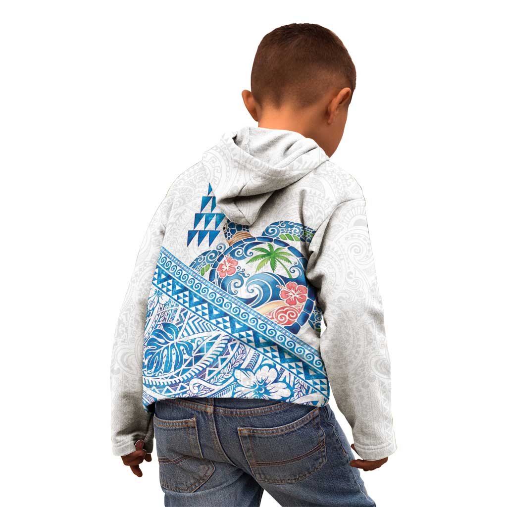 Hawaiian Abstract Sea Turtle Kid Hoodie Polynesian Tapa Art and Kakau Tattoo White WaterColor - Polynesian Pride