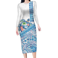 Hawaiian Abstract Sea Turtle Long Sleeve Bodycon Dress Polynesian Tapa Art and Kakau Tattoo White WaterColor - Polynesian Pride