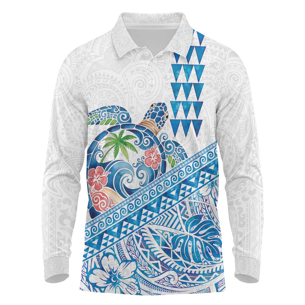 Hawaiian Abstract Sea Turtle Long Sleeve Polo Shirt Polynesian Tapa Art and Kakau Tattoo White WaterColor - Polynesian Pride