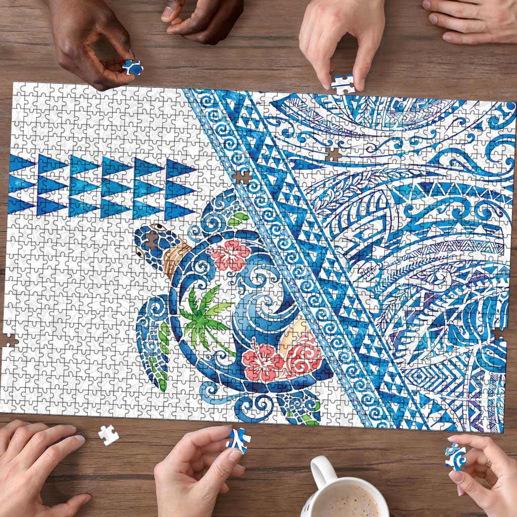 Hawaiian Abstract Sea Turtle Puzzle Polynesian Tapa Art and Kakau Tattoo White WaterColor - Polynesian Pride