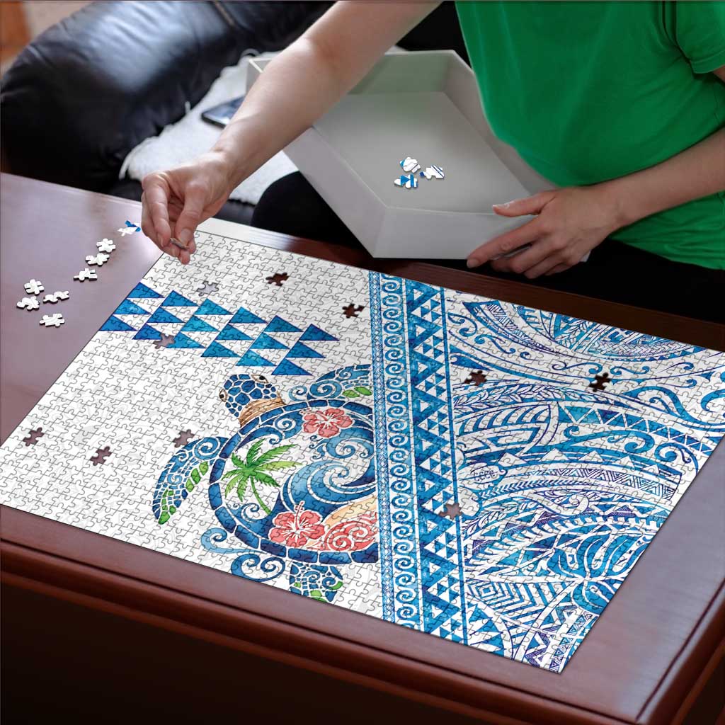 Hawaiian Abstract Sea Turtle Puzzle Polynesian Tapa Art and Kakau Tattoo White WaterColor - Polynesian Pride