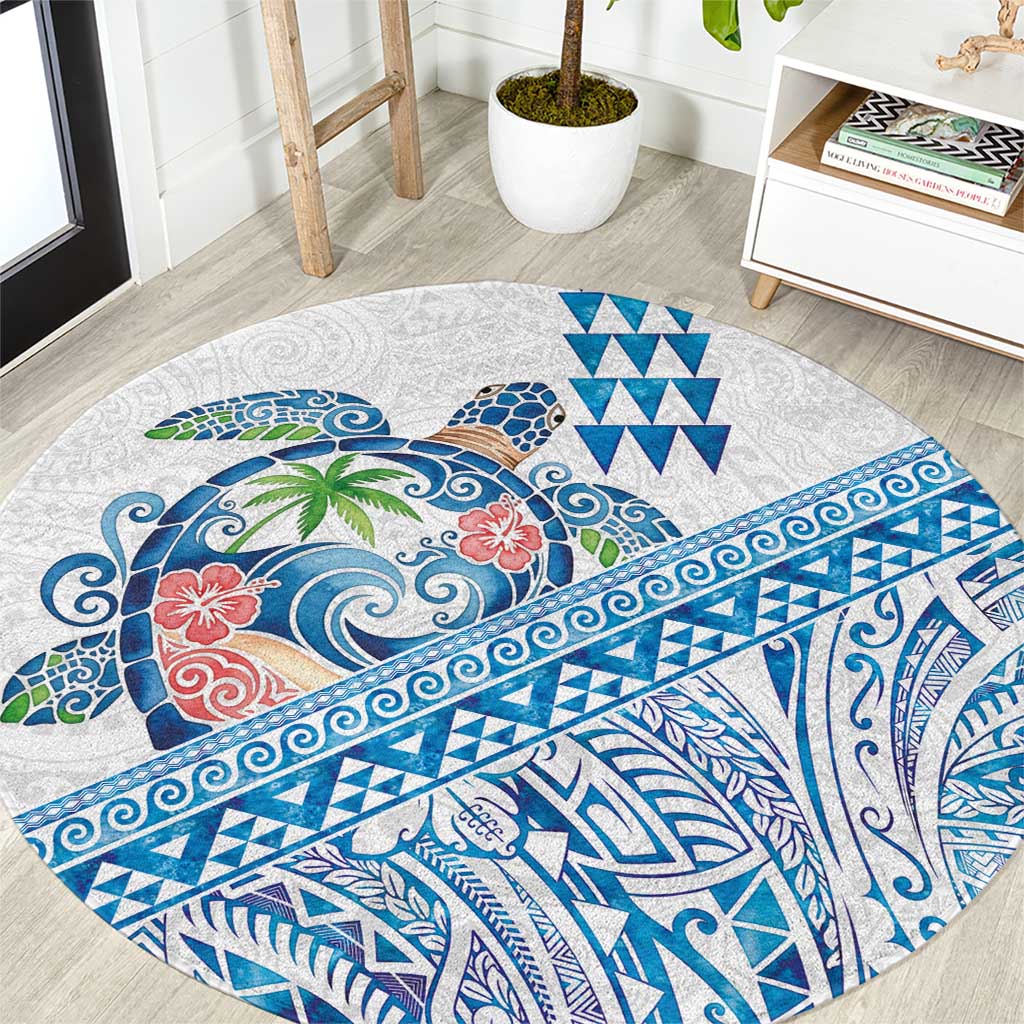 Hawaiian Abstract Sea Turtle Round Carpet Polynesian Tapa Art and Kakau Tattoo White WaterColor - Polynesian Pride
