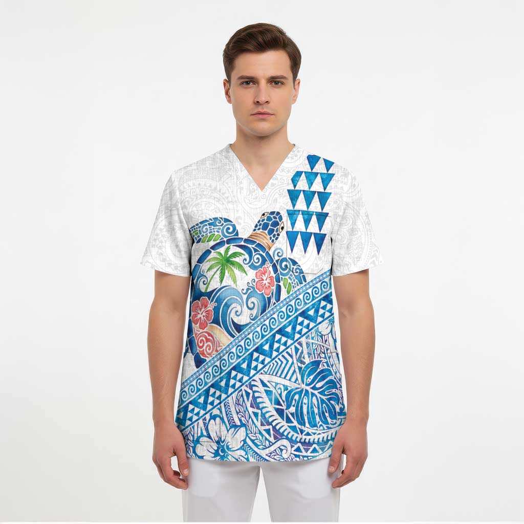 Hawaiian Abstract Sea Turtle Scrub Top Polynesian Tapa Art and Kakau Tattoo White WaterColor - Polynesian Pride