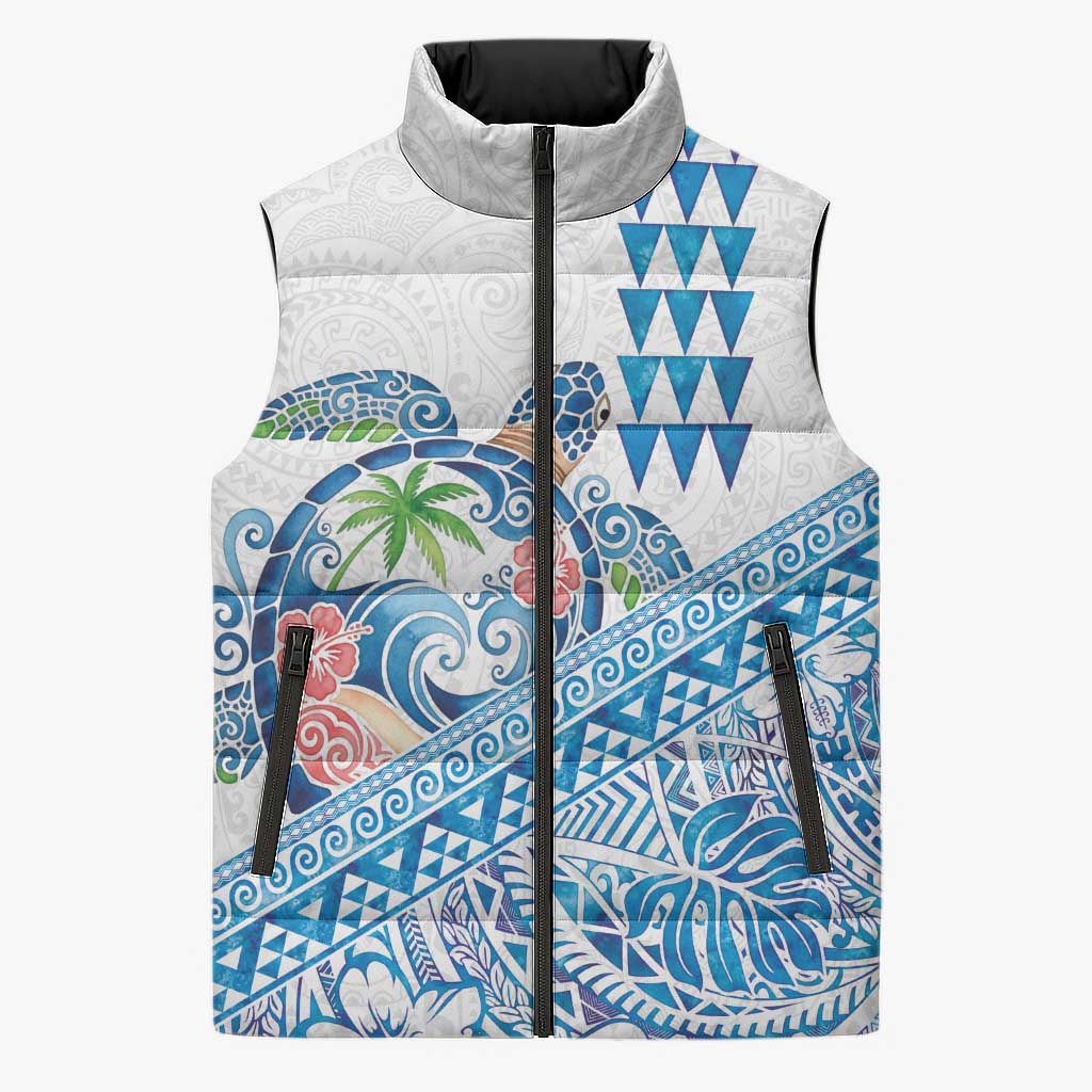 Hawaiian Abstract Sea Turtle Sleeveless Puffer Jacket Polynesian Tapa Art and Kakau Tattoo White WaterColor - Polynesian Pride