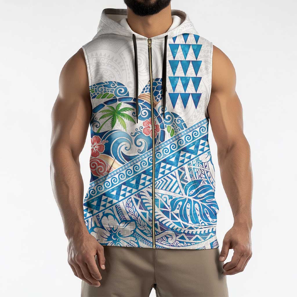 Hawaiian Abstract Sea Turtle Sleeveless Zip Hoodie Polynesian Tapa Art and Kakau Tattoo White WaterColor - Polynesian Pride