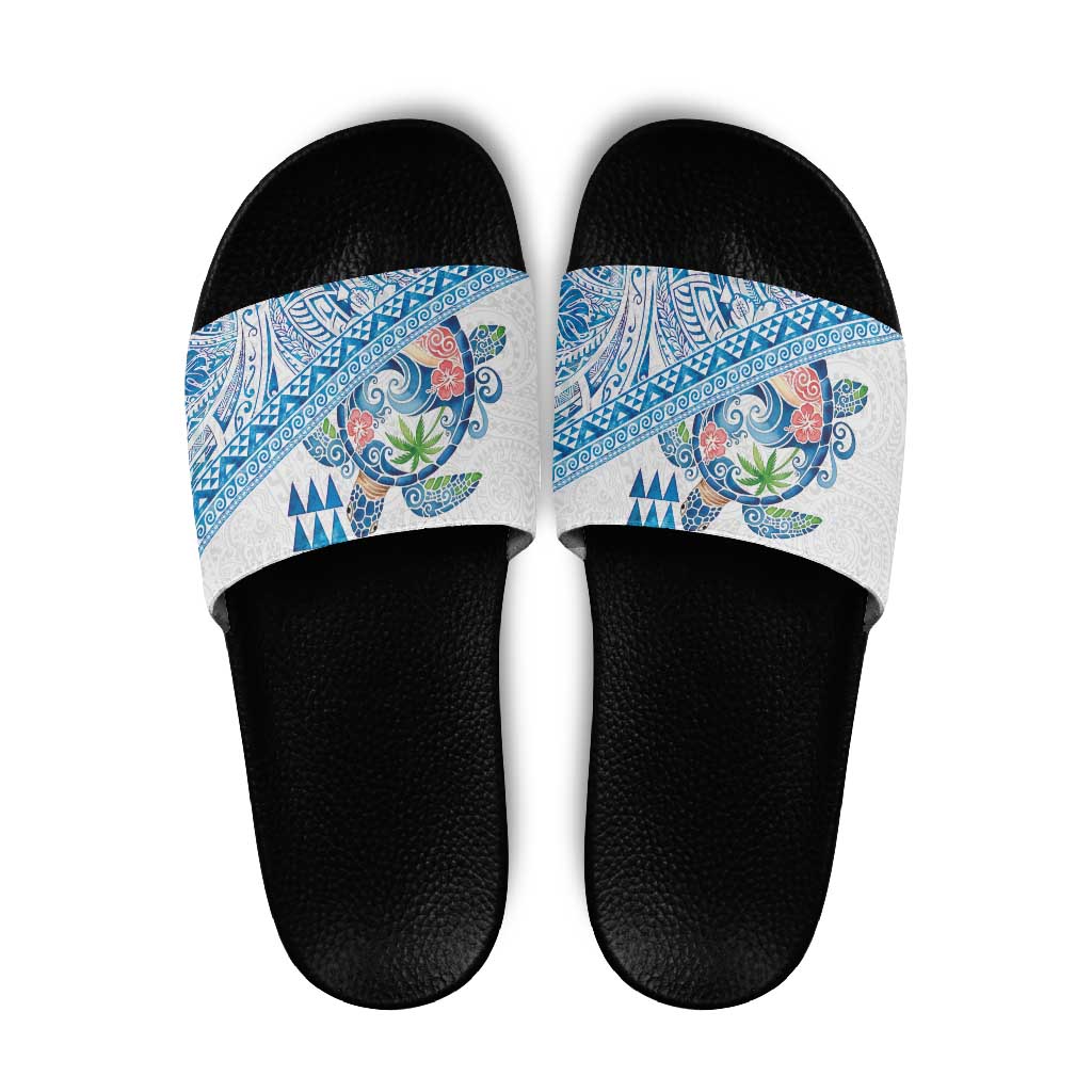 Hawaiian Abstract Sea Turtle Slide Sandals Polynesian Tapa Art and Kakau Tattoo White WaterColor - Polynesian Pride