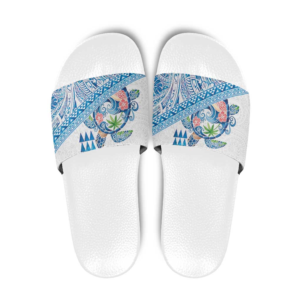 Hawaiian Abstract Sea Turtle Slide Sandals Polynesian Tapa Art and Kakau Tattoo White WaterColor - Polynesian Pride