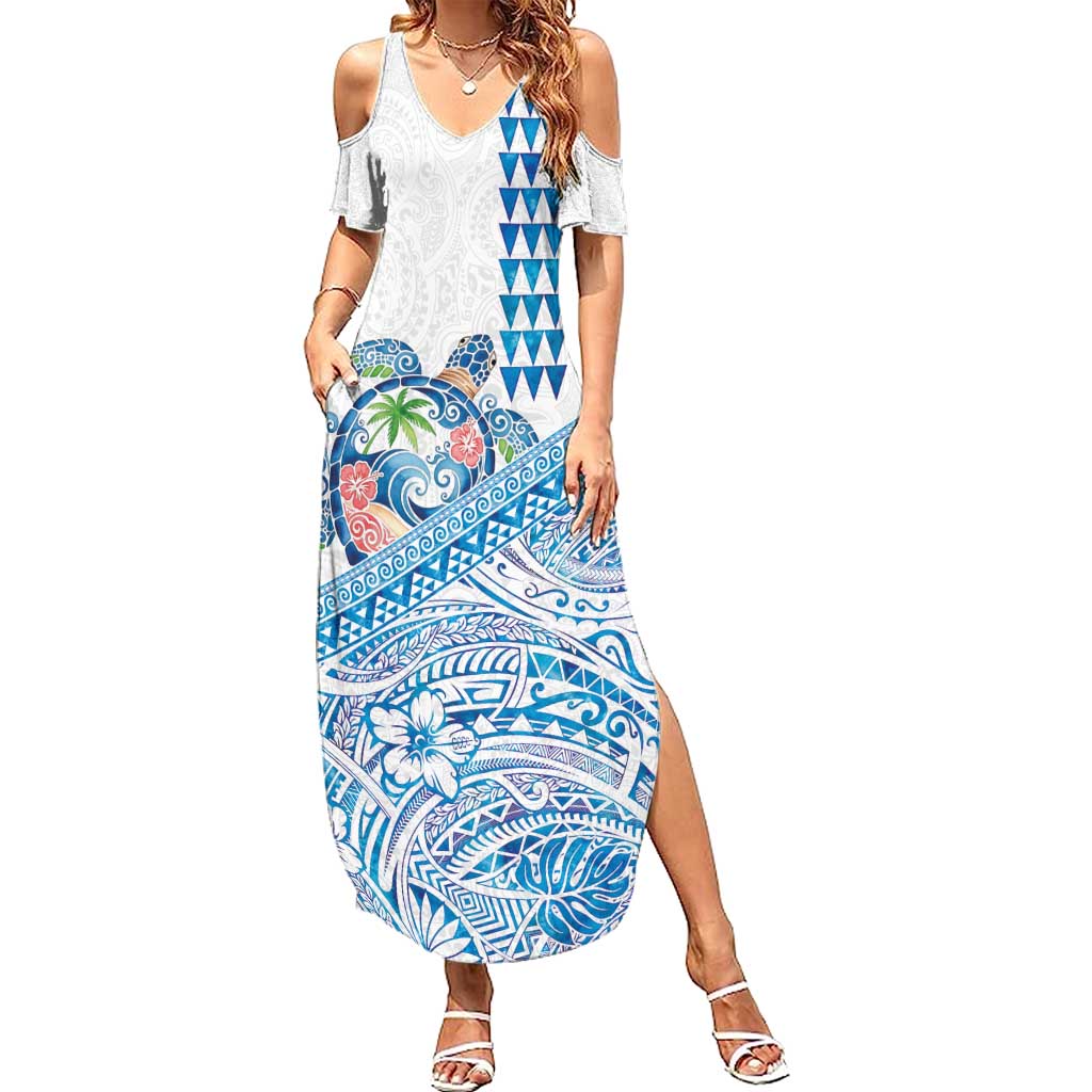Hawaiian Abstract Sea Turtle Summer Maxi Dress Polynesian Tapa Art and Kakau Tattoo White WaterColor - Polynesian Pride