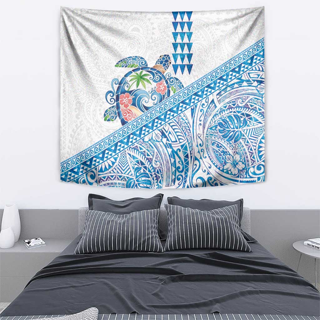 Hawaiian Abstract Sea Turtle Tapestry Polynesian Tapa Art and Kakau Tattoo White WaterColor - Polynesian Pride