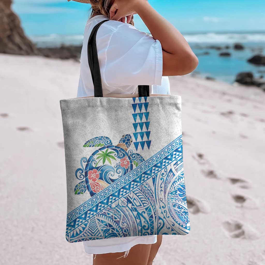 Hawaiian Abstract Sea Turtle Tote Bag Polynesian Tapa Art and Kakau Tattoo White WaterColor - Polynesian Pride