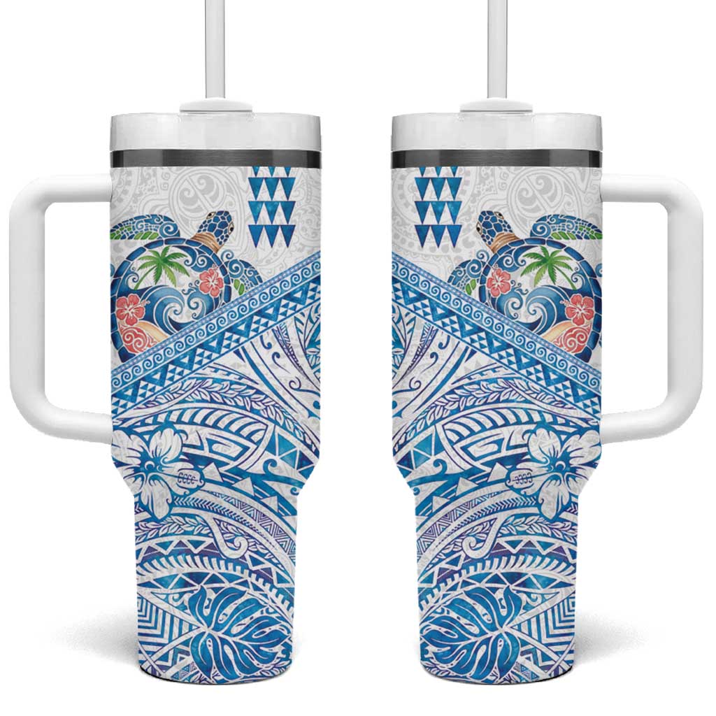 Hawaiian Abstract Sea Turtle Tumbler With Handle Polynesian Tapa Art and Kakau Tattoo White WaterColor - Polynesian Pride