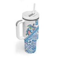 Hawaiian Abstract Sea Turtle Tumbler With Handle Polynesian Tapa Art and Kakau Tattoo White WaterColor - Polynesian Pride