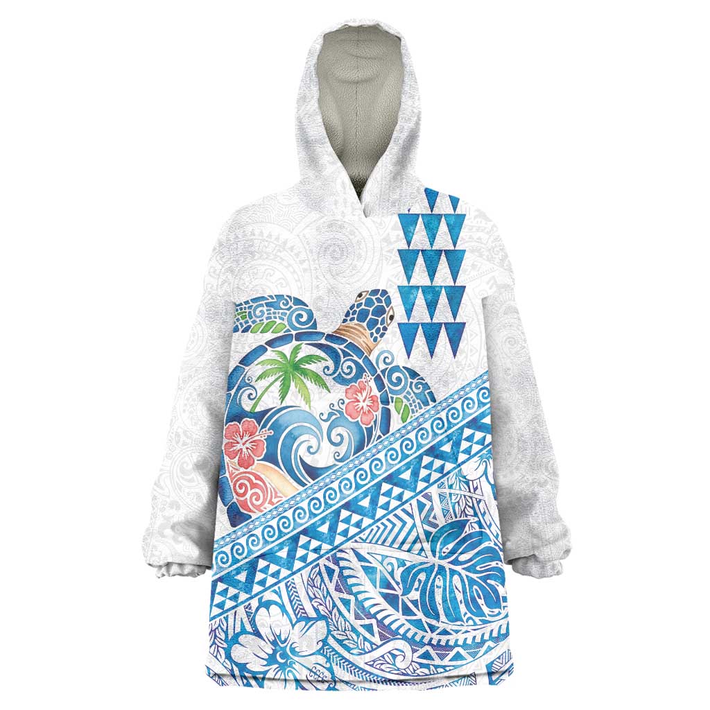 Hawaiian Abstract Sea Turtle Wearable Blanket Hoodie Polynesian Tapa Art and Kakau Tattoo White WaterColor - Polynesian Pride