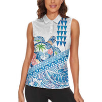 Hawaiian Abstract Sea Turtle Women Sleeveless Polo Shirt Polynesian Tapa Art and Kakau Tattoo White WaterColor - Polynesian Pride