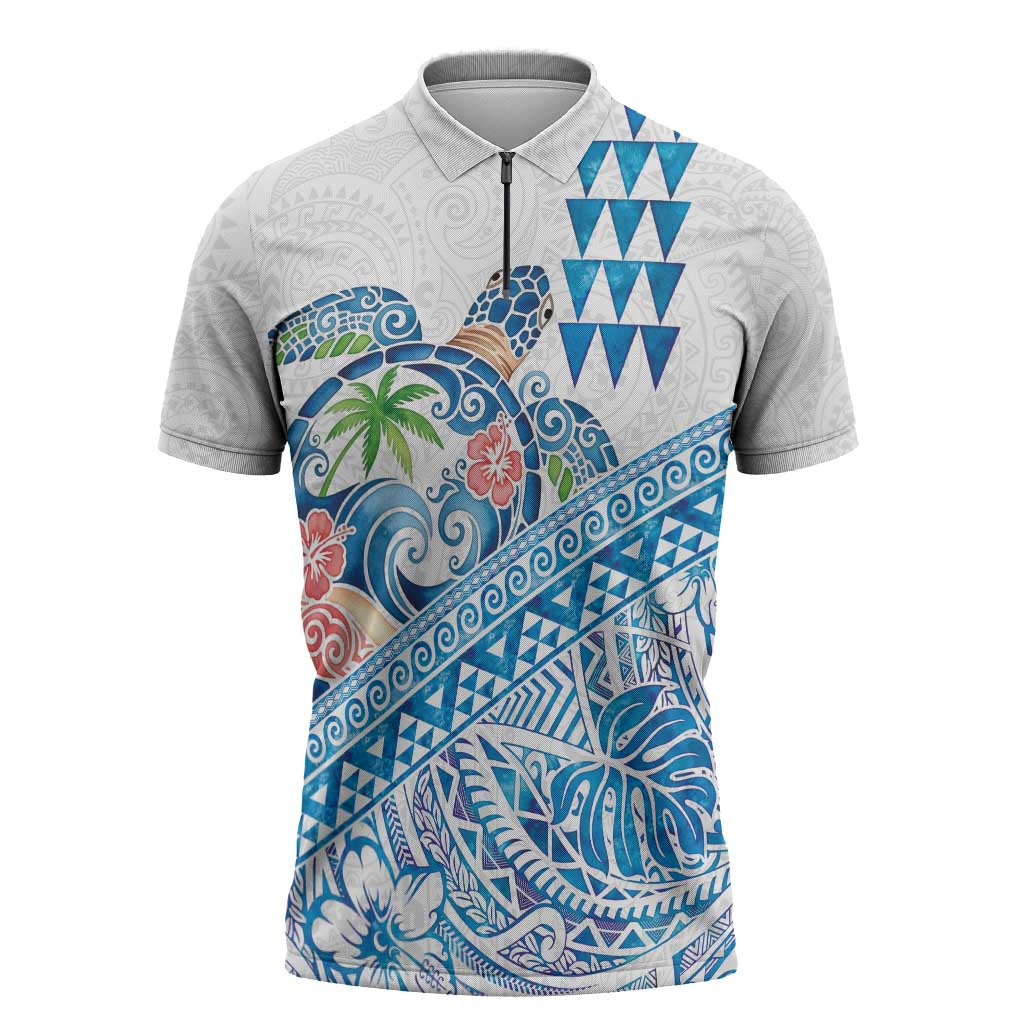 Hawaiian Abstract Sea Turtle Zipper Polo Shirt Polynesian Tapa Art and Kakau Tattoo White WaterColor - Polynesian Pride