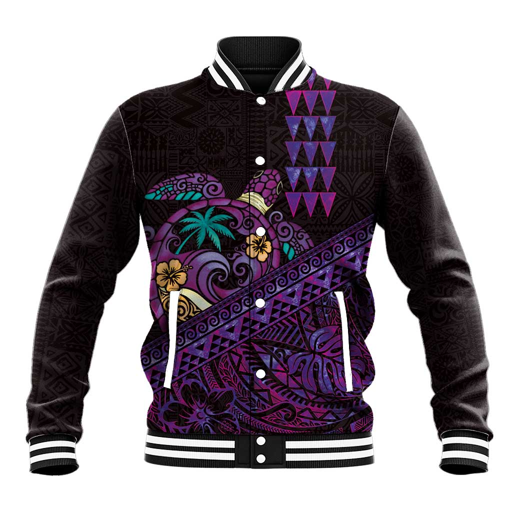Hawaiian Abstract Sea Turtle Baseball Jacket Polynesian Tapa Art and Kakau Tattoo Purple WaterColor - Polynesian Pride