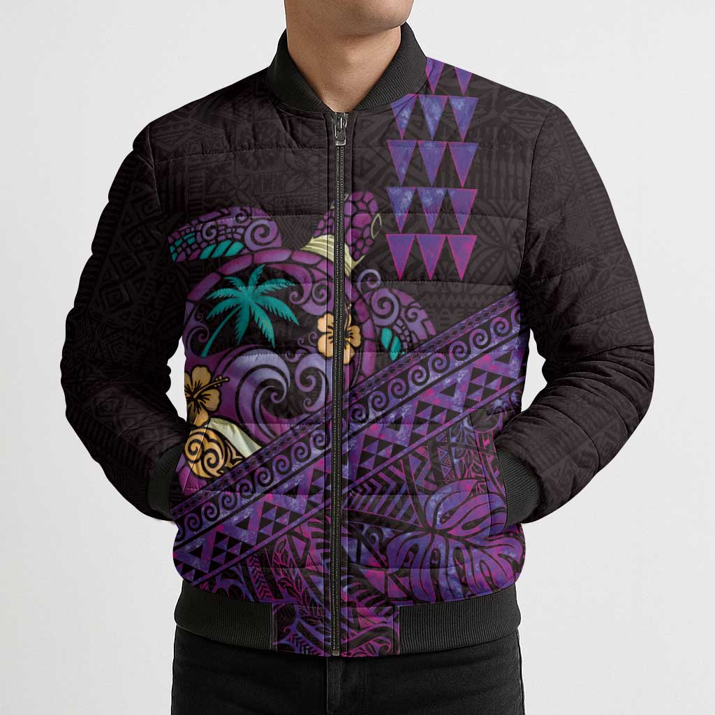 Hawaiian Abstract Sea Turtle Bomber Puffer Jacket Polynesian Tapa Art and Kakau Tattoo Purple WaterColor - Polynesian Pride