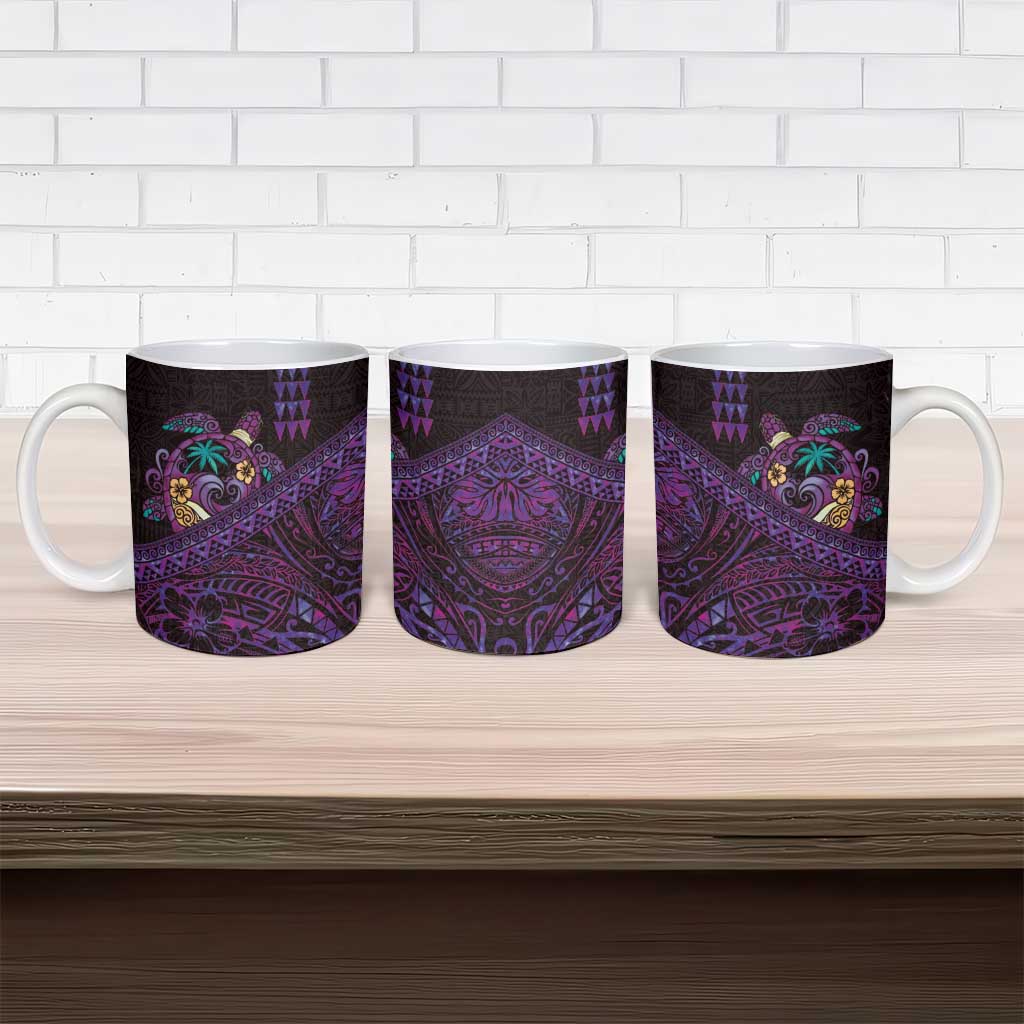 Hawaiian Abstract Sea Turtle Ceramic Mug Polynesian Tapa Art and Kakau Tattoo Purple WaterColor - Polynesian Pride