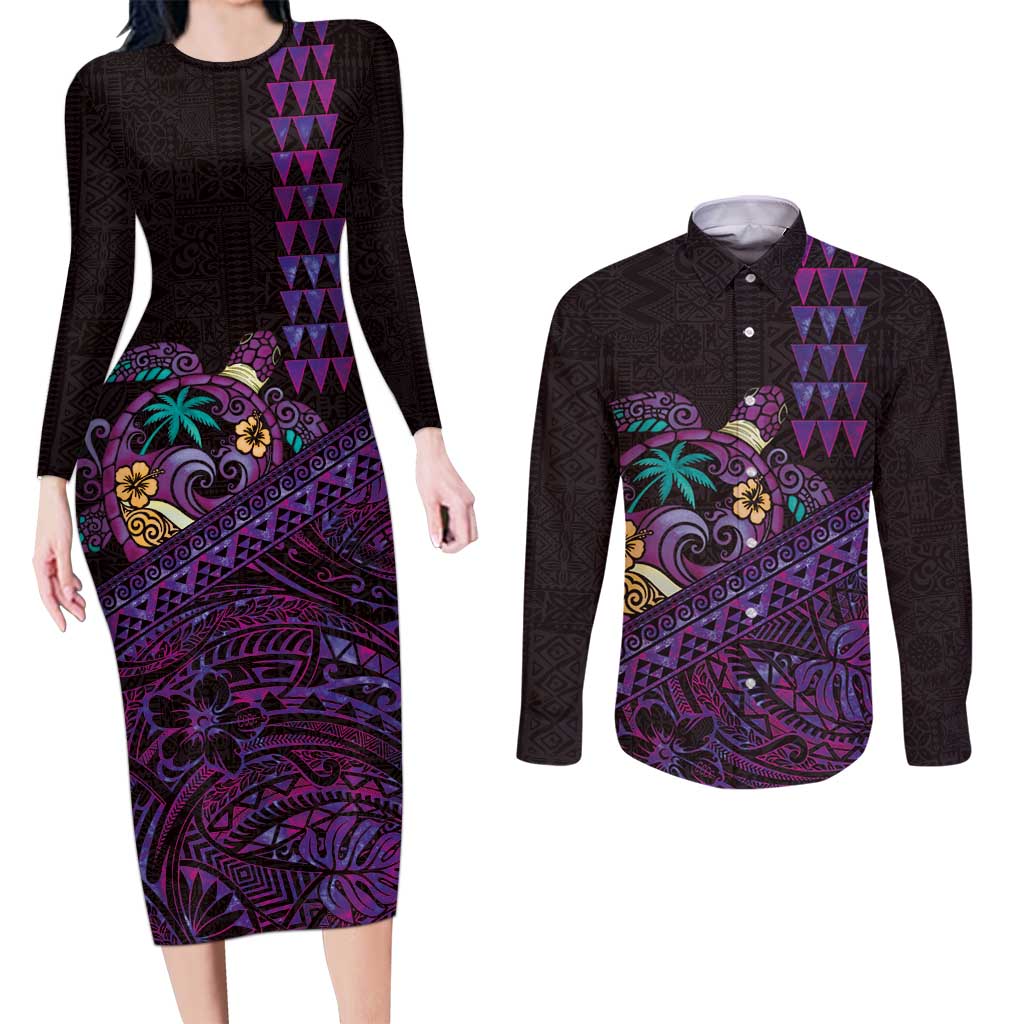 Hawaiian Abstract Sea Turtle Couples Matching Long Sleeve Bodycon Dress and Long Sleeve Button Shirt Polynesian Tapa Art and Kakau Tattoo Purple WaterColor - Polynesian Pride