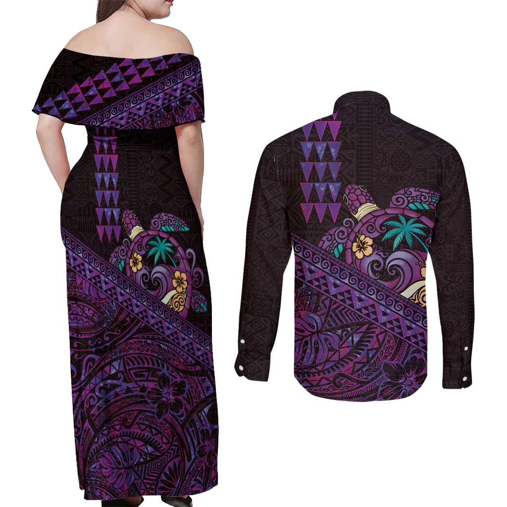 Hawaiian Abstract Sea Turtle Couples Matching Off Shoulder Maxi Dress and Long Sleeve Button Shirt Polynesian Tapa Art and Kakau Tattoo Purple WaterColor - Polynesian Pride