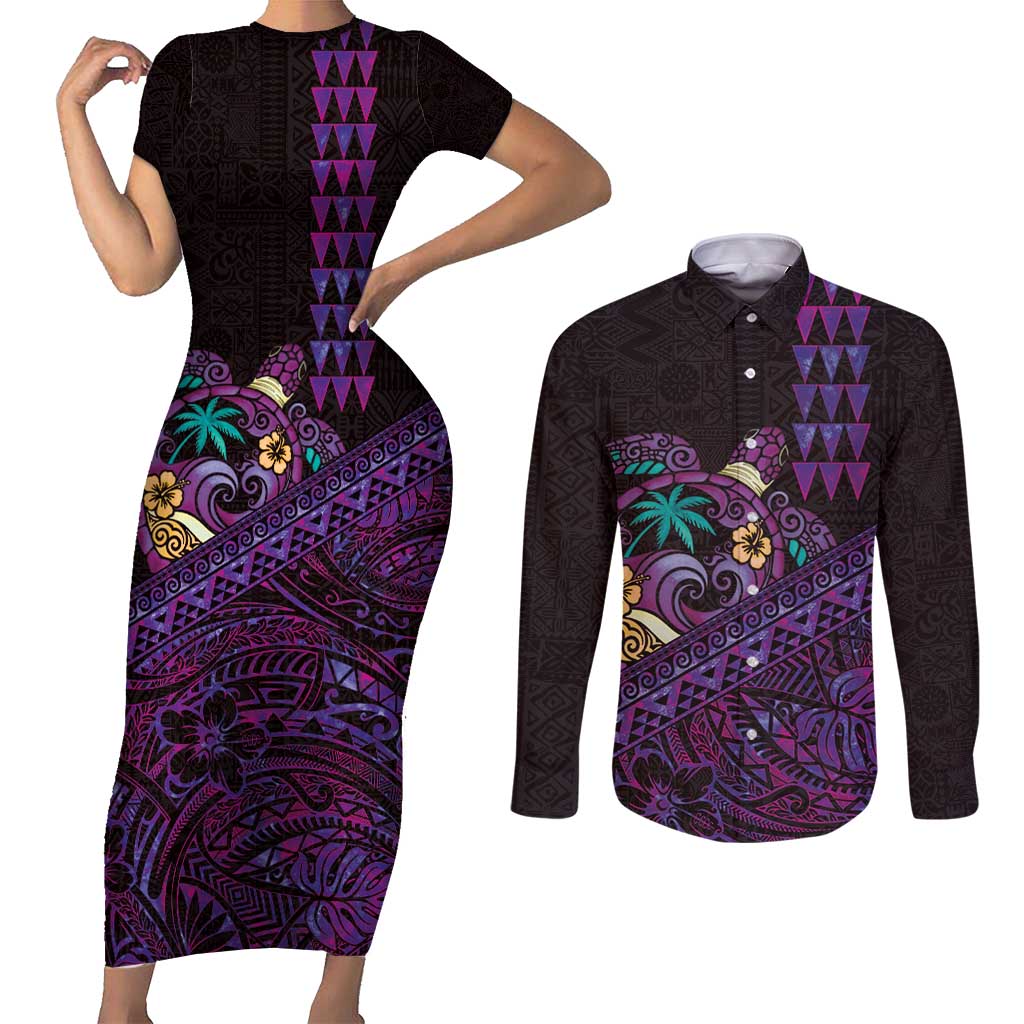 Hawaiian Abstract Sea Turtle Couples Matching Short Sleeve Bodycon Dress and Long Sleeve Button Shirt Polynesian Tapa Art and Kakau Tattoo Purple WaterColor - Polynesian Pride