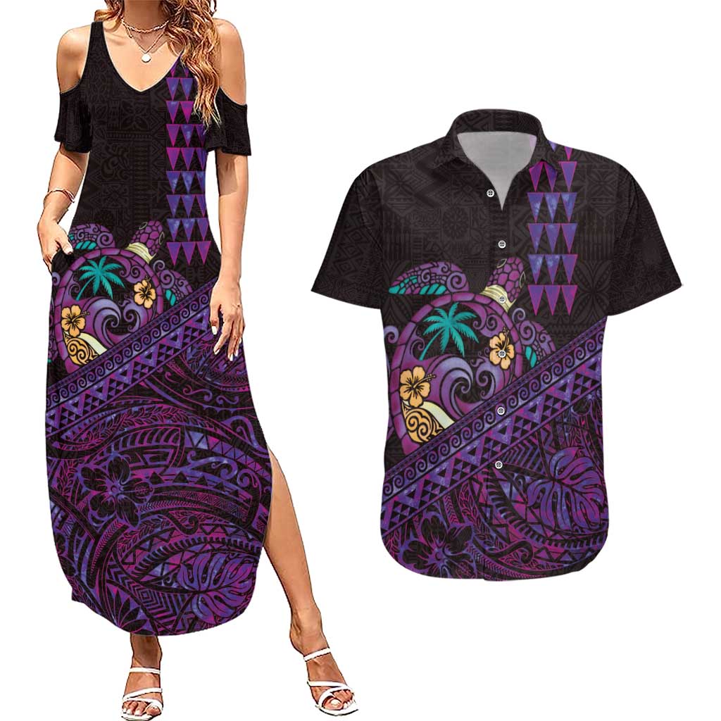 Hawaiian Abstract Sea Turtle Couples Matching Summer Maxi Dress and Hawaiian Shirt Polynesian Tapa Art and Kakau Tattoo Purple WaterColor - Polynesian Pride