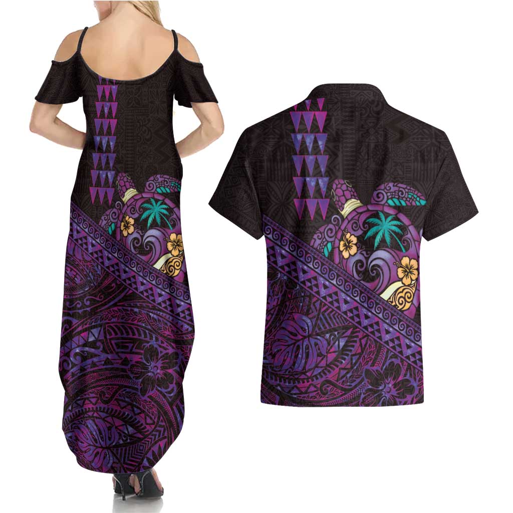 Hawaiian Abstract Sea Turtle Couples Matching Summer Maxi Dress and Hawaiian Shirt Polynesian Tapa Art and Kakau Tattoo Purple WaterColor - Polynesian Pride