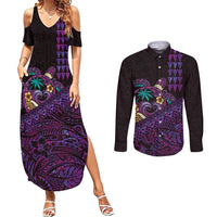 Hawaiian Abstract Sea Turtle Couples Matching Summer Maxi Dress and Long Sleeve Button Shirt Polynesian Tapa Art and Kakau Tattoo Purple WaterColor - Polynesian Pride