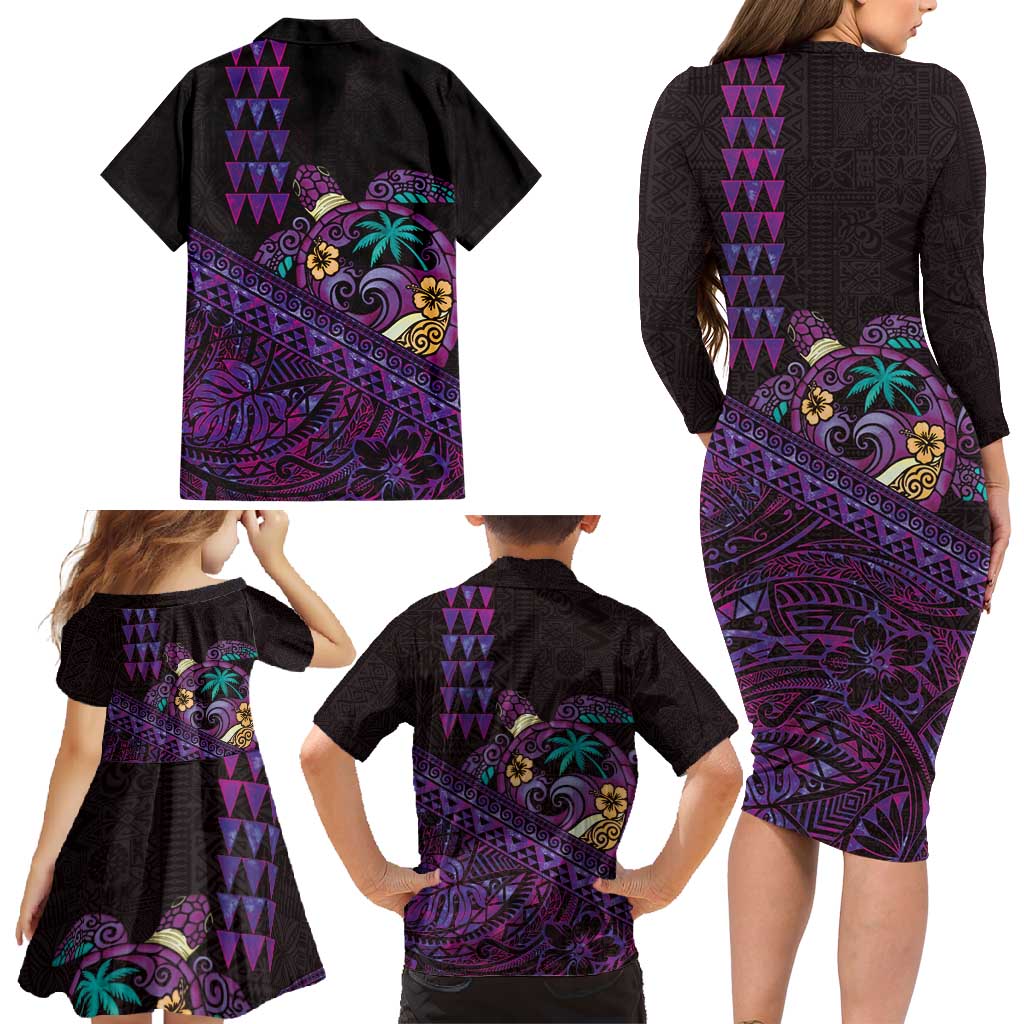 Hawaiian Abstract Sea Turtle Family Matching Long Sleeve Bodycon Dress and Hawaiian Shirt Polynesian Tapa Art and Kakau Tattoo Purple WaterColor - Polynesian Pride
