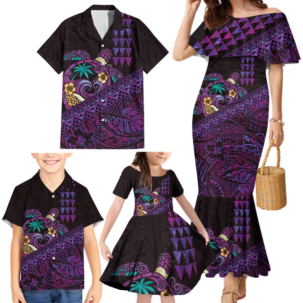 Hawaiian Abstract Sea Turtle Family Matching Mermaid Dress and Hawaiian Shirt Polynesian Tapa Art and Kakau Tattoo Purple WaterColor - Polynesian Pride