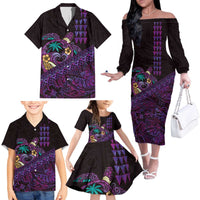 Hawaiian Abstract Sea Turtle Family Matching Off The Shoulder Long Sleeve Dress and Hawaiian Shirt Polynesian Tapa Art and Kakau Tattoo Purple WaterColor - Polynesian Pride