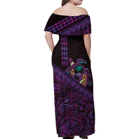 Hawaiian Abstract Sea Turtle Family Matching Off Shoulder Maxi Dress and Hawaiian Shirt Polynesian Tapa Art and Kakau Tattoo Purple WaterColor - Polynesian Pride