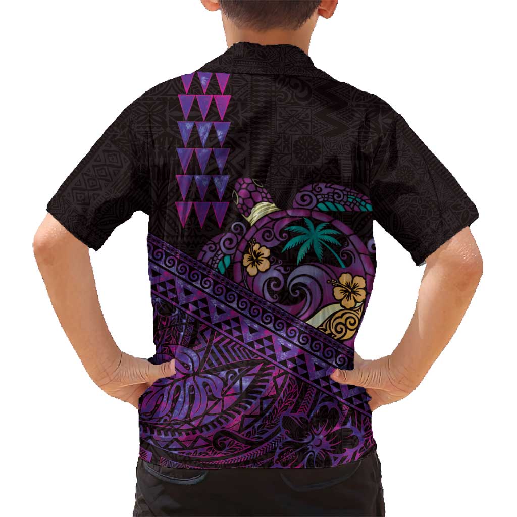 Hawaiian Abstract Sea Turtle Family Matching Puletasi and Hawaiian Shirt Polynesian Tapa Art and Kakau Tattoo Purple WaterColor LT03 - Polynesian Pride